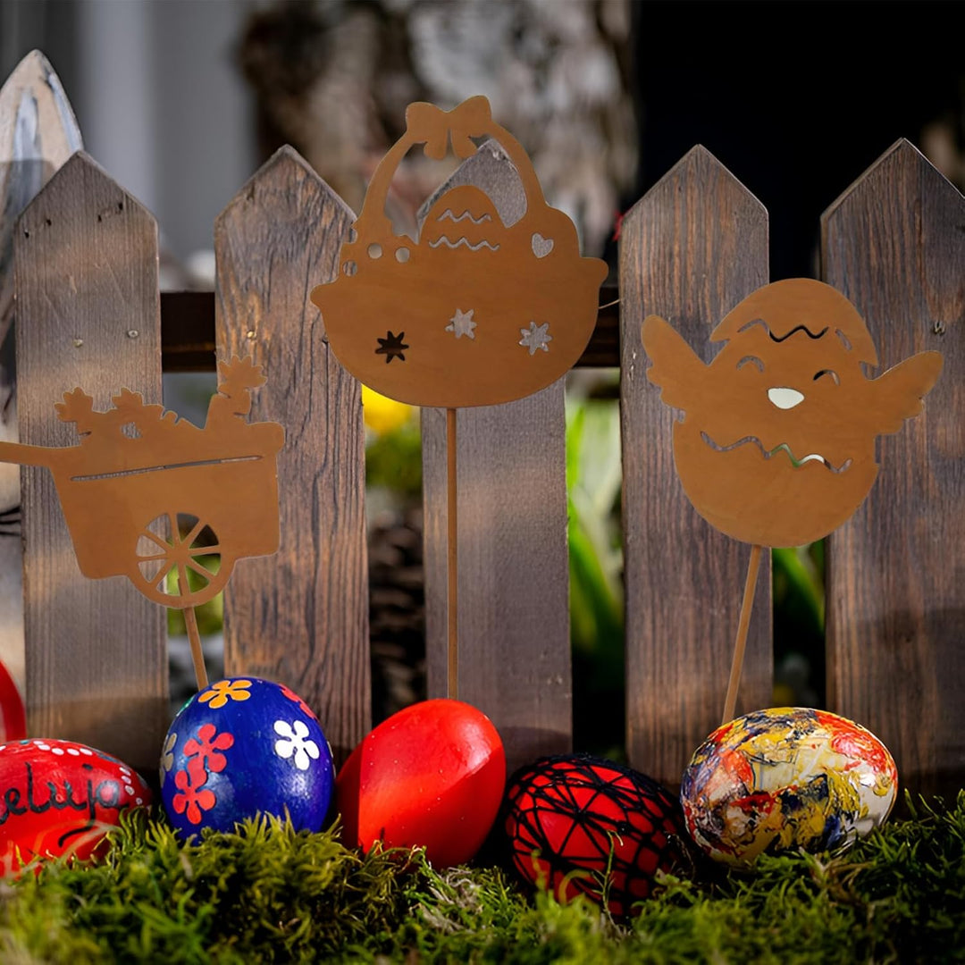 YUE QIN 10 Stück Gartenstecker Gartendeko Rost Osterdeko Garten Draussen Rostdeko Gartendeko Metall