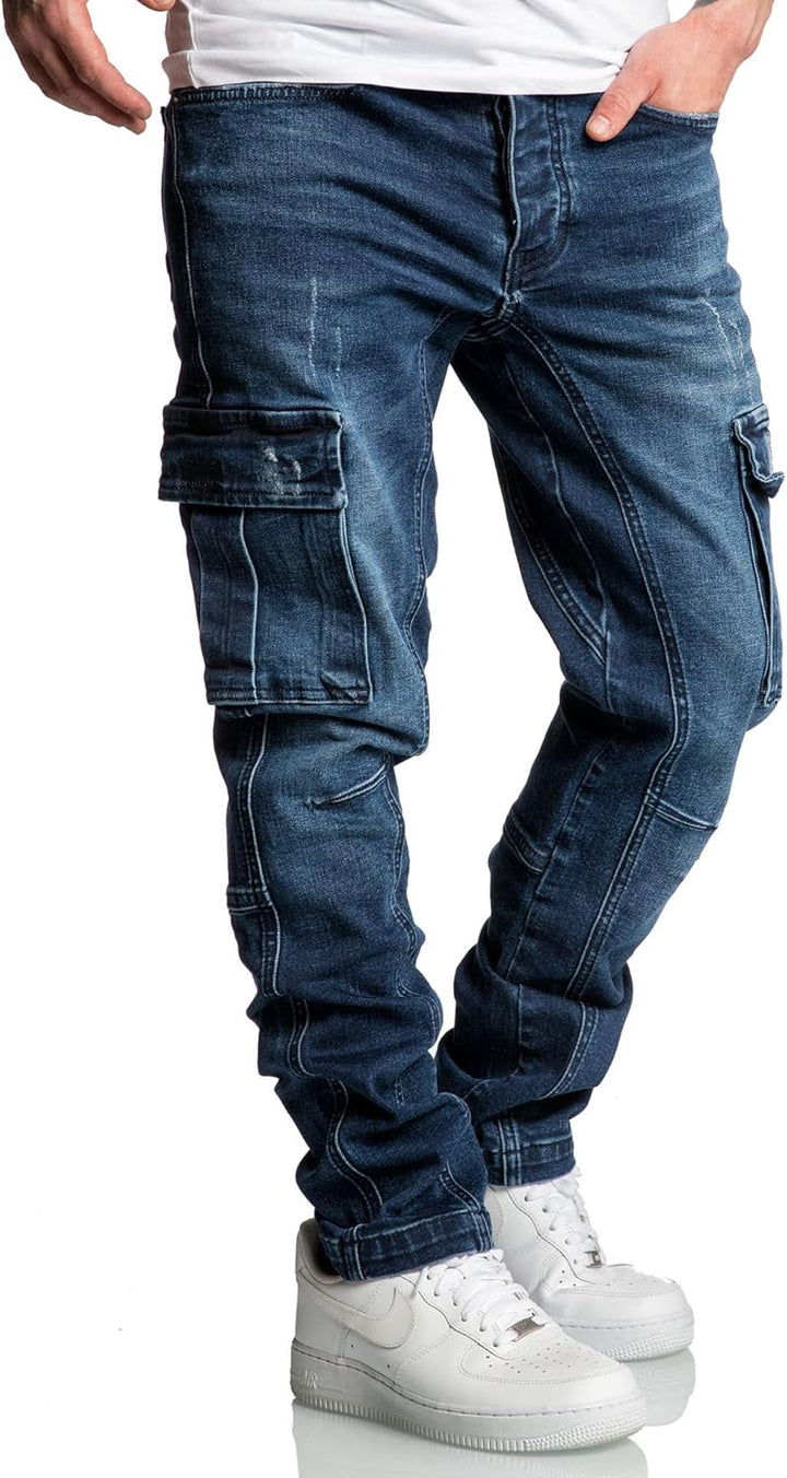 Amaci&Sons Herren Cargo Jeans Regular Slim Denim Hose Destroyed 7977 32W / 30L Dunkelblau, 32W / 30L