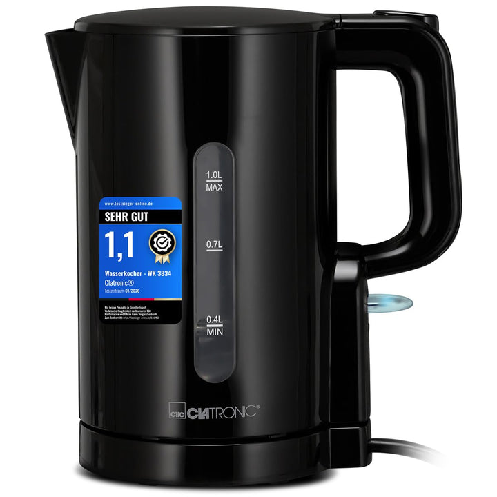 Clatronic® Wasserkocher 1L | 900W | BPA frei | Einhandbedienung | Wasserstandsanzeige | Kettle | Übe