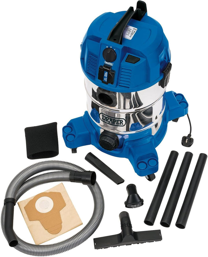 DRAPER wdv30sspa Wet und Dry Staubsauger mit integrierter Steckdose, blau, 30 Liter