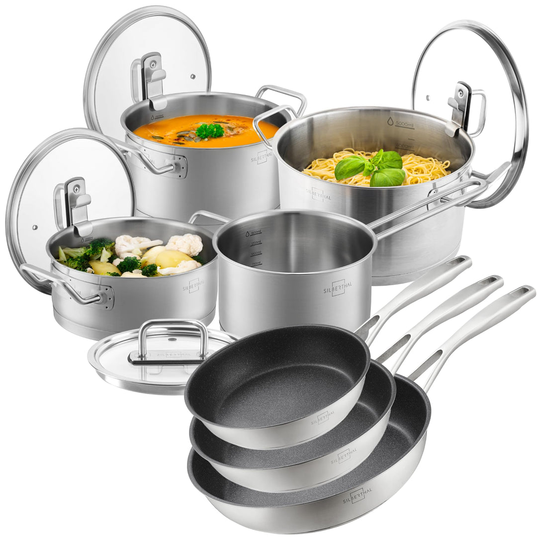 SILBERTHAL Pfannen- und Topfset 9 teilig - Edelstahl - Kochtopf 2,5l,3,5l, 5l und Pfannen 20cm, 24 &