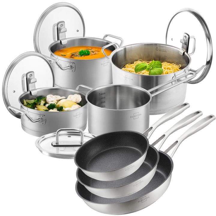 SILBERTHAL Pfannen- und Topfset 9 teilig - Edelstahl - Kochtopf 2,5l,3,5l, 5l und Pfannen 20cm, 24 &