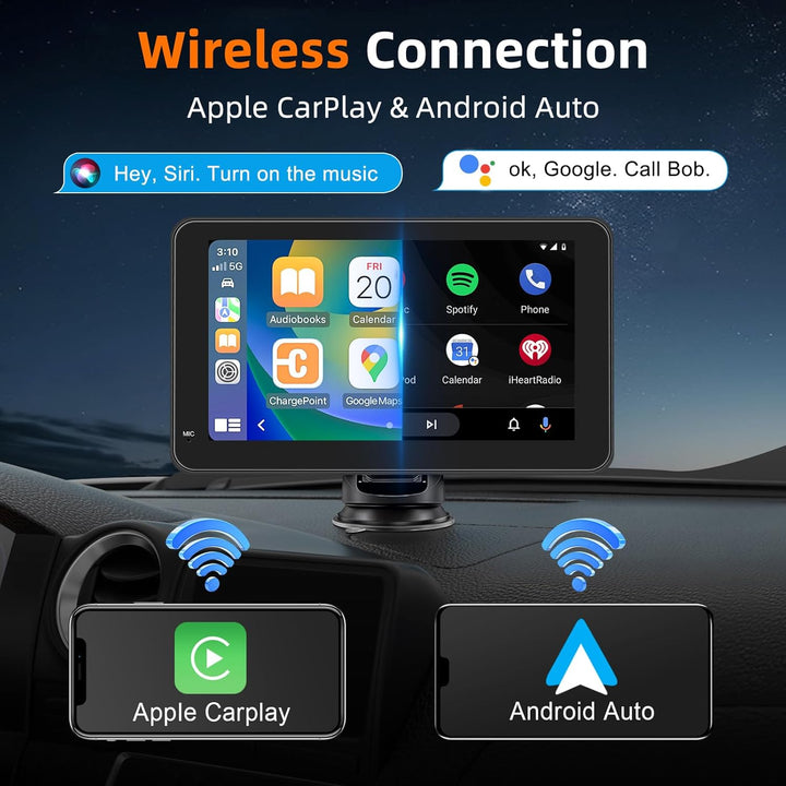 7 Zoll Wireless Carplay Display für Apple Carplay & Android Auto, Tragbares Autoradio mit 2.5D HD To