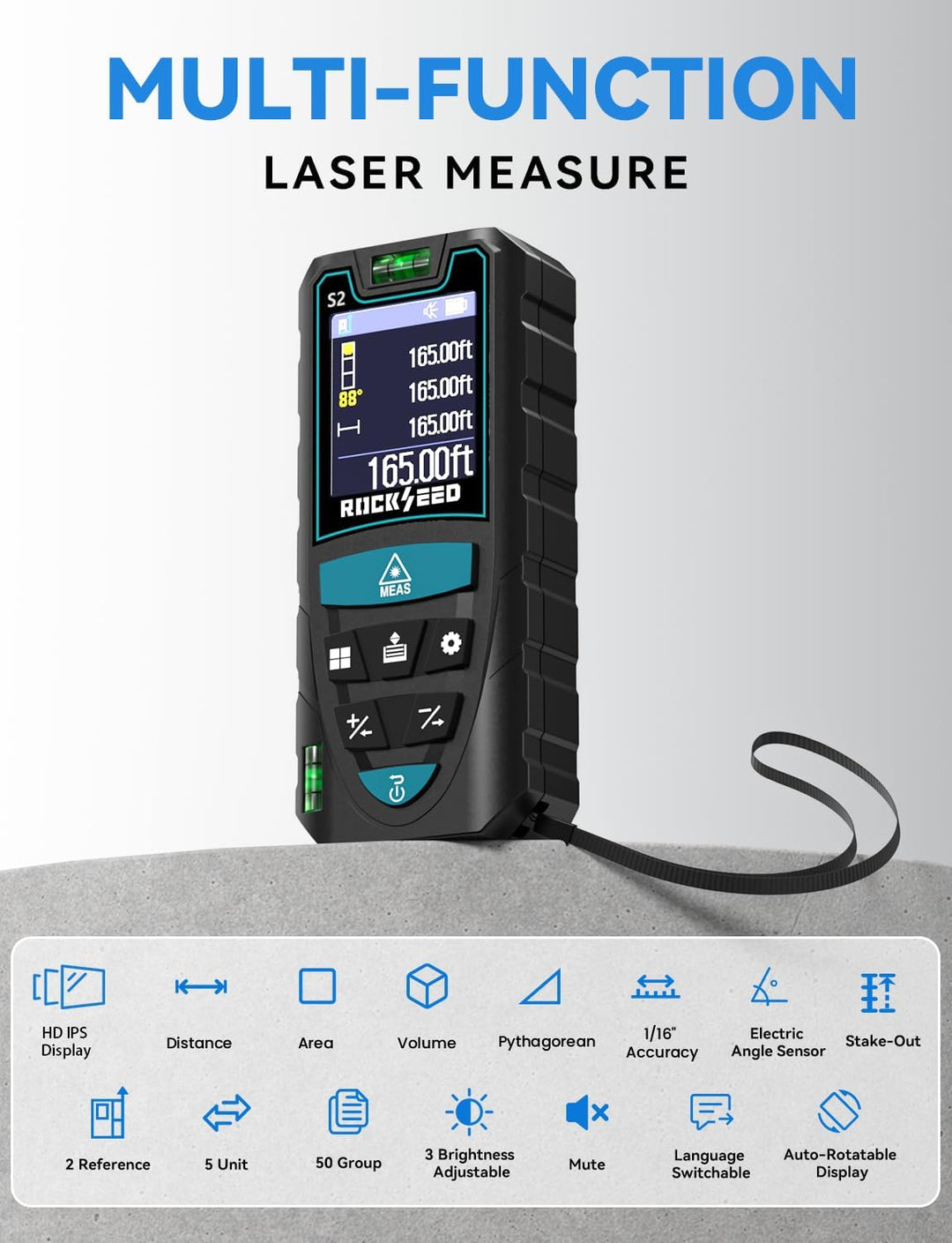 RockSeed Laser-Entfernungsmesser 50m, Grüner Laser,Drehbarer Farbbildschirm | 12 Messmodi, Elektroni
