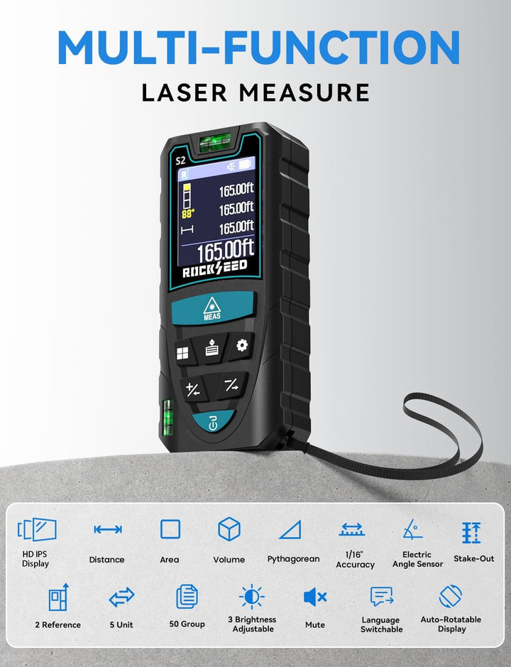 RockSeed Laser-Entfernungsmesser 50m, Grüner Laser,Drehbarer Farbbildschirm | 12 Messmodi, Elektroni