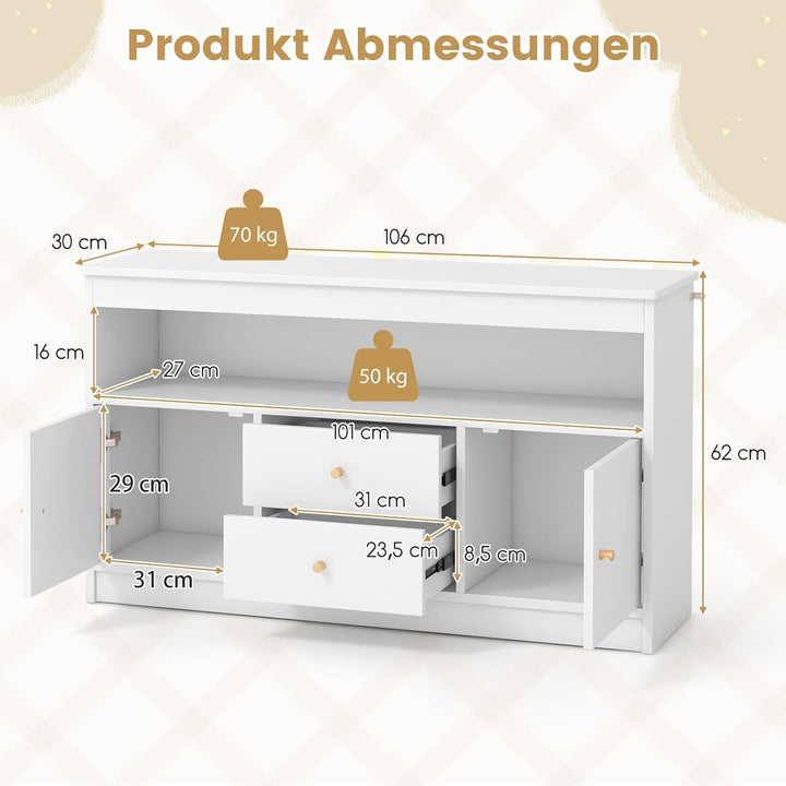 COSTWAY Spielzeugschrank Kinder, Kinderregal aus Holz, Kinderschrank mit 2 Schubladen & 2 Türen, Spi