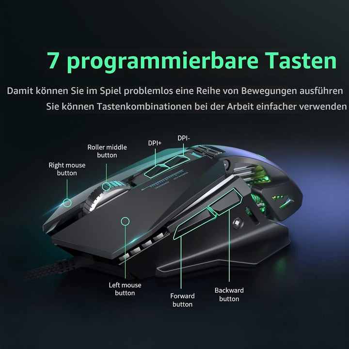 Gaming Maus RGB LED PC Maus Kabel, 7200 DPI Einstellbarer Anpassbare Gewichte Gaming Mäuse Gewichtst