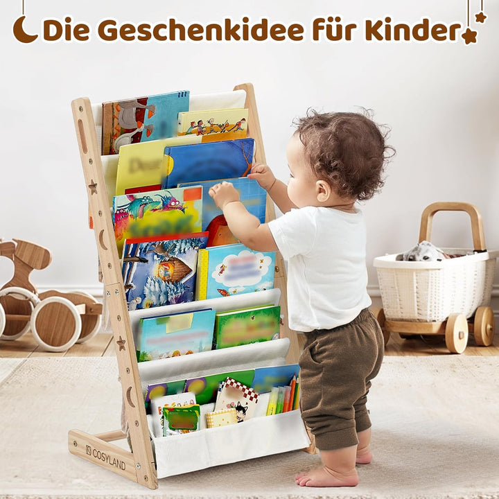 COSYLAND Montessori Bücherregal Kinder Holz - 45cm Montessori Regal mit 6 Oxford-Stoff Fächern - Kin
