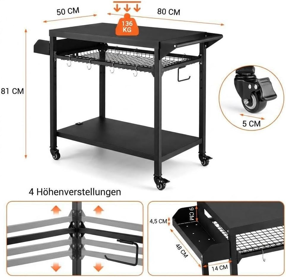 Garvee Grillwagen mit Rädern, Outdoor BBQ Tisch Pizzaofenständer, Beweglicher Vorbereitungstisch mit