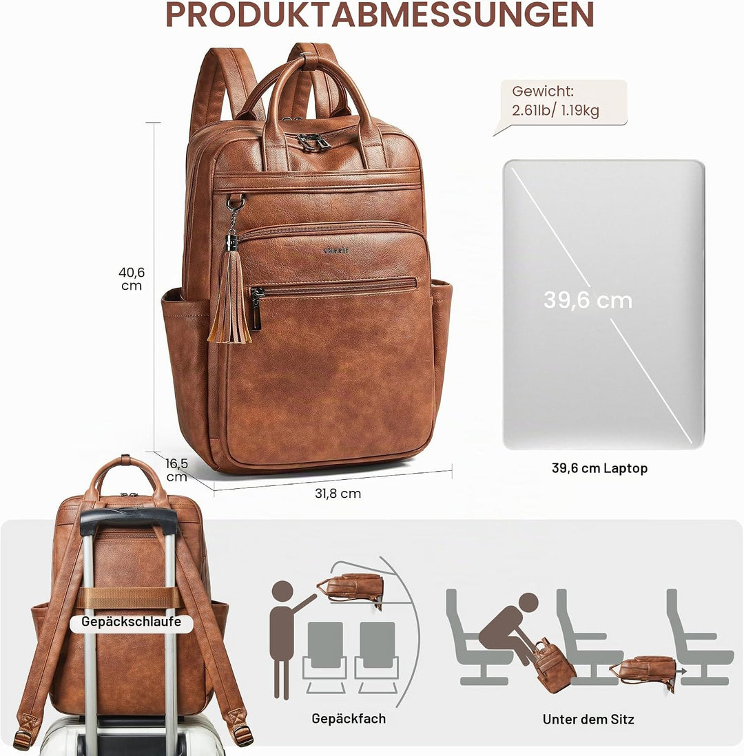 Shrrie Rucksack Damen, 15,6 Zoll Laptop Rucksack Leder Wasserdicht mit laptopfach, Computer-Rucksack