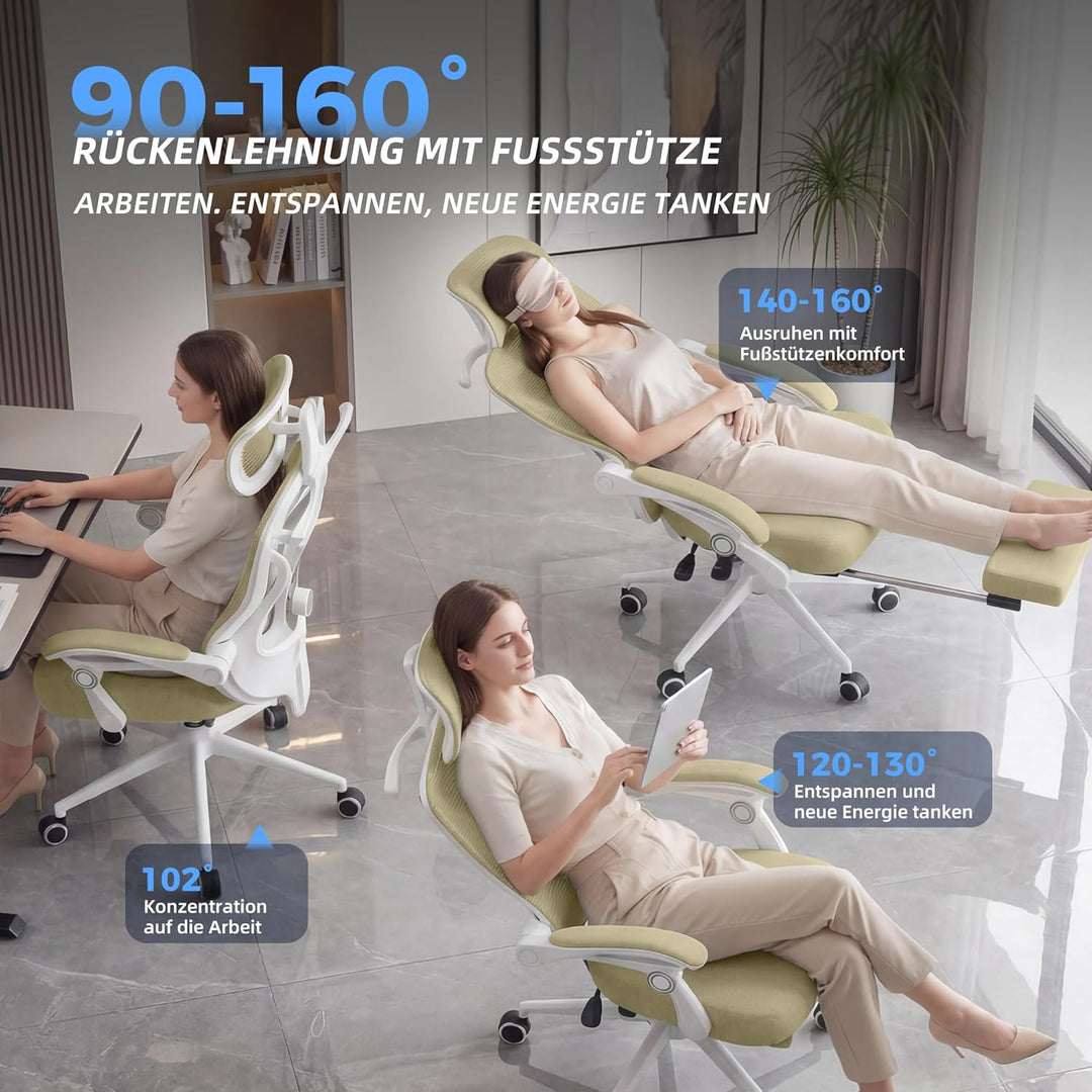 CYKOV Ergonomischer Bürostuhl mit Fussstütze, Büro Stuhl & Gaming Stuhl 150 kg+, 90-160° Verstellbar