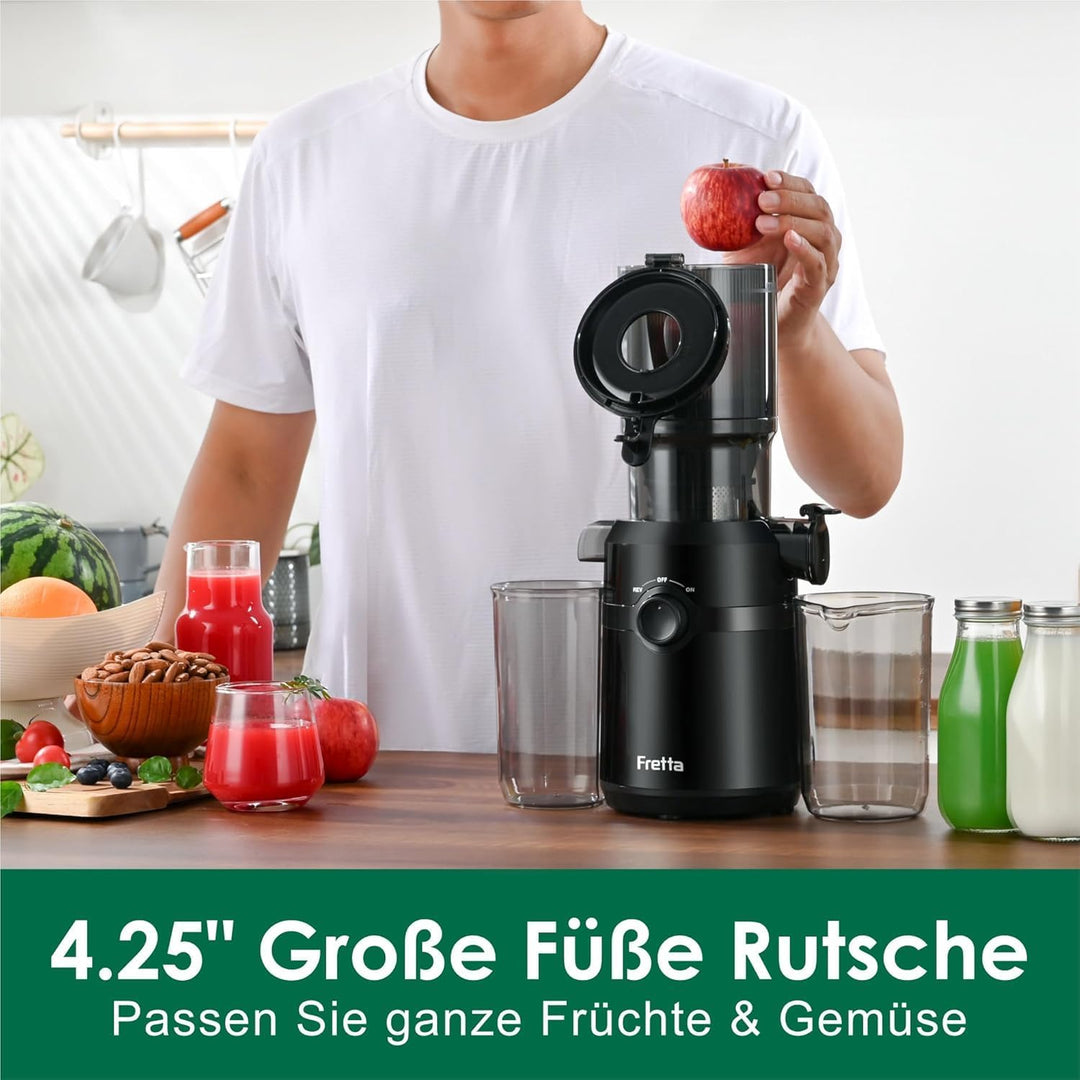 Fretta Entsafter,Slow Juicer mit 108MM Breite und Grössere Fütterungsröhre,1L Füllvolumen für ganze