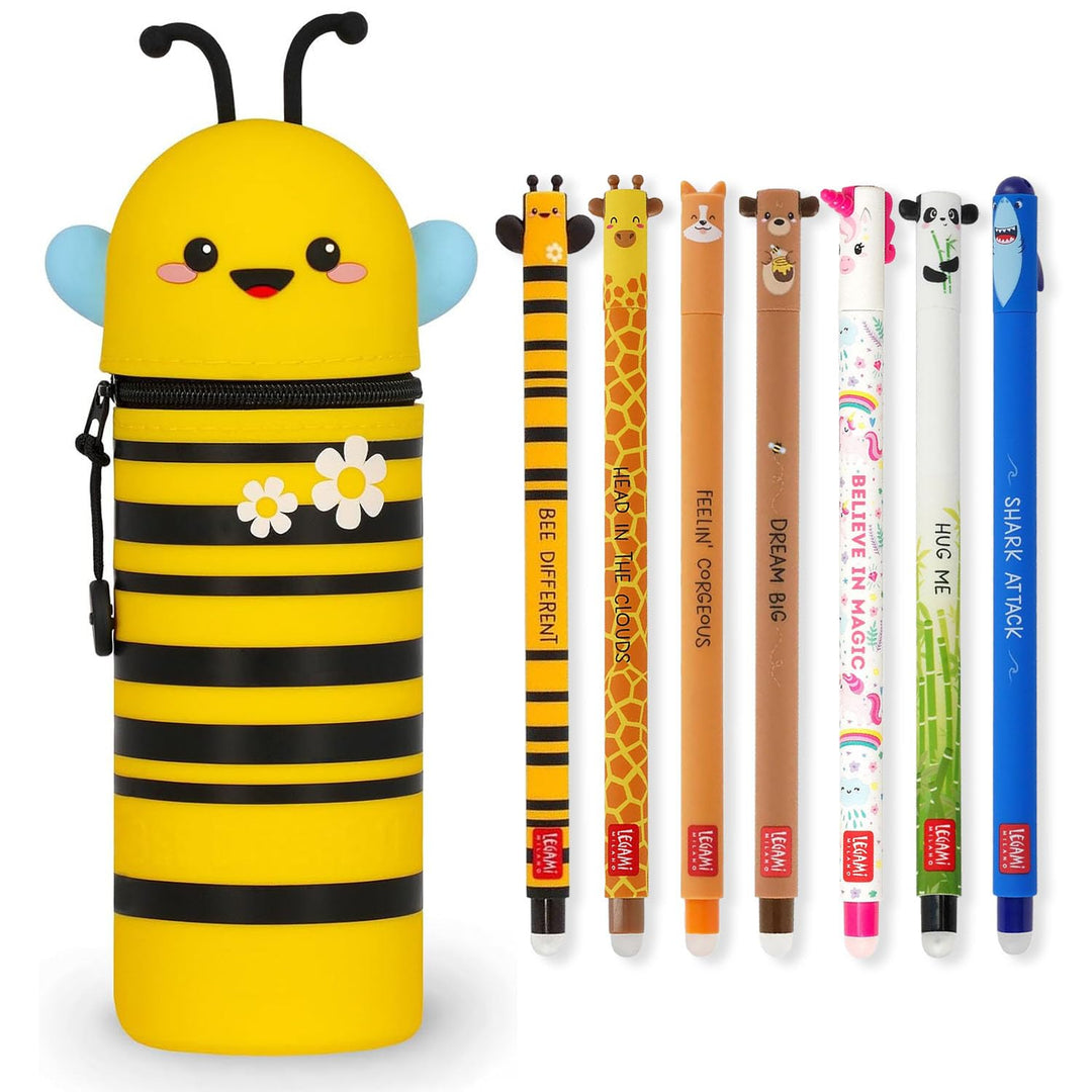 LEGAMI Set mit 7 radierbaren Gelstiften + 2-in-1-Federmäppchen mit thermoempfindlicher Löschtinte, v