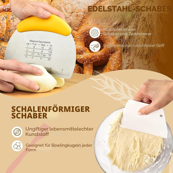 11-teilig Gärkorb Brot Set, Sauerteig Starter Set, Gärkörbchen Rund 25cm, Brot Backen Zubehör, 730ml