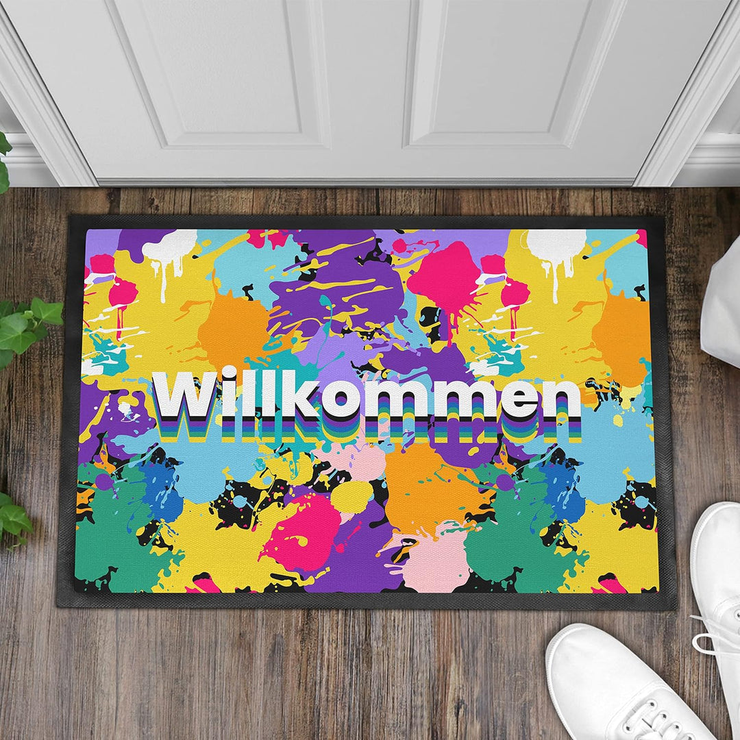 Trendation - Willkommen Regenbogen Bunte Grafik Fussmatte Geschenk Schöne Fussmatte Aussen und Innen