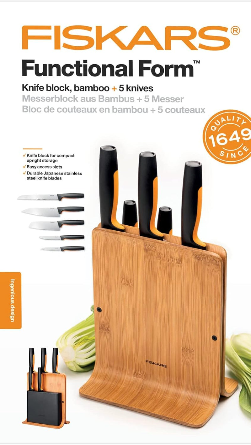 Fiskars Bambus Design-Messerblock mit 5 Messern, Functional Form, Inklusive Gemüsemesser, Tomatenmes