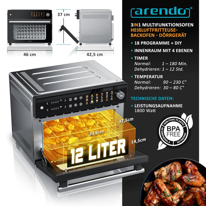 Arendo - Minibackofen 30l - Heissluftfritteuse 30 Liter - Edelstahl - Multifunktionsofen Umluft - mi