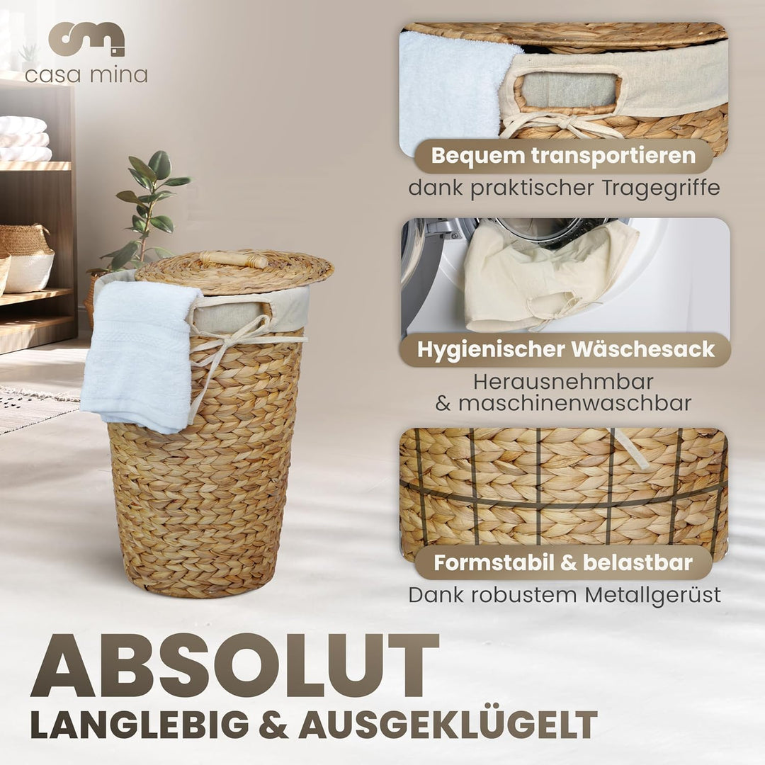 Casa Mina® Wäschekorb mit Deckel D30 x H44cm hoch I Atmungsaktiver Wäschekorb geflochten aus 100% Na