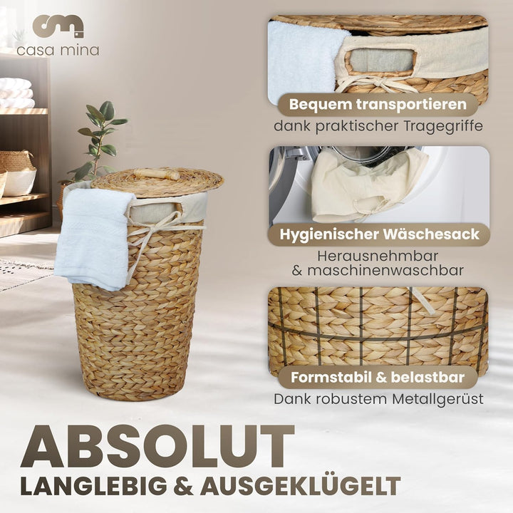 Casa Mina® Wäschekorb mit Deckel D30 x H44cm hoch I Atmungsaktiver Wäschekorb geflochten aus 100% Na