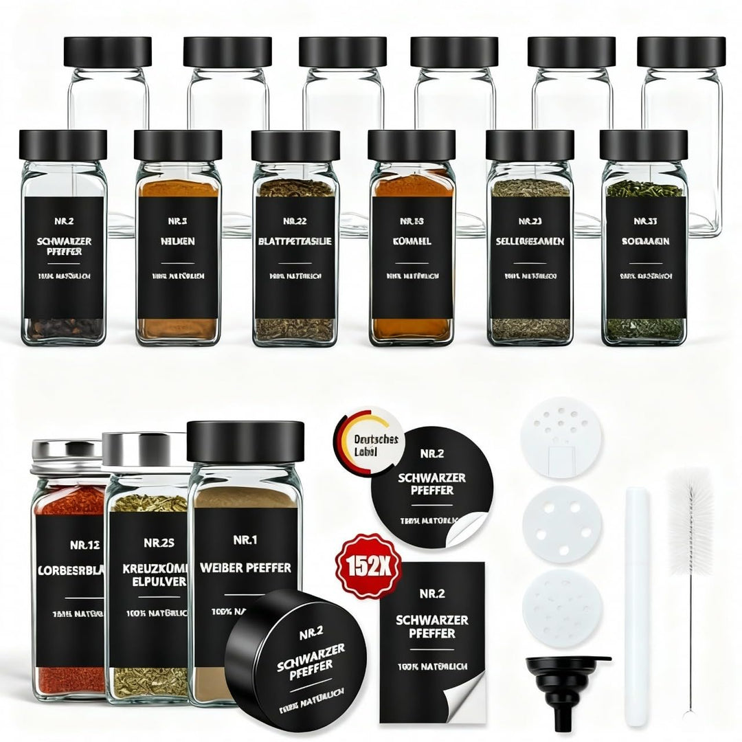 Gewürzgläser Eckig mit Etiketten Set 12er: Kleine Gewürzdosen Glas 120ml mit Streueinsatz Wasserfest