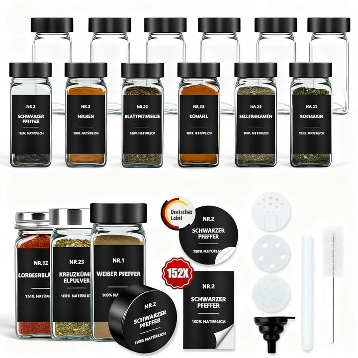 Gewürzgläser Eckig mit Etiketten Set 12er: Kleine Gewürzdosen Glas 120ml mit Streueinsatz Wasserfest