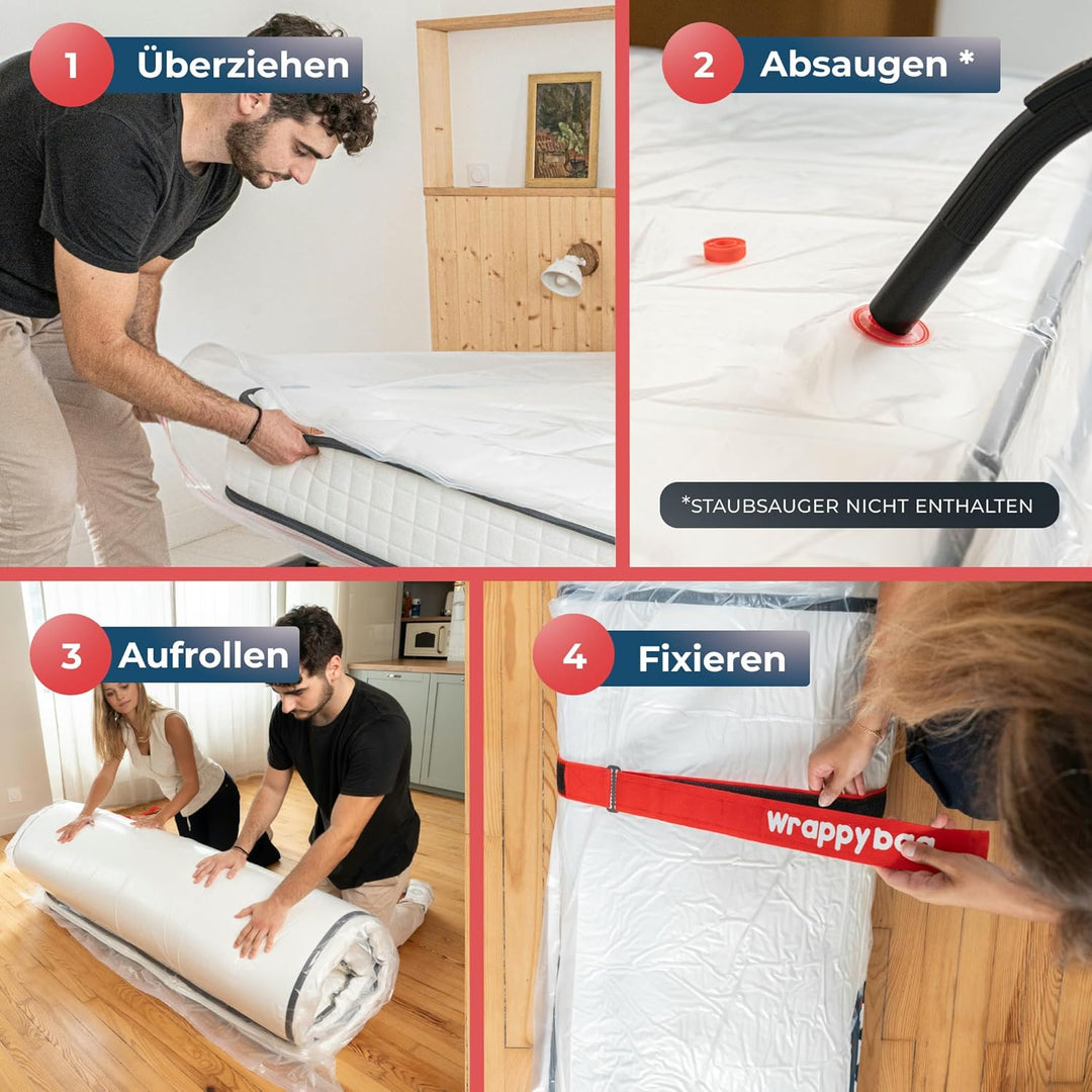 Wrappybag – Vakuumbeutel für Matratzen 200x200 – Komplett-Set mit wiederverwendbarer, wasserdichter
