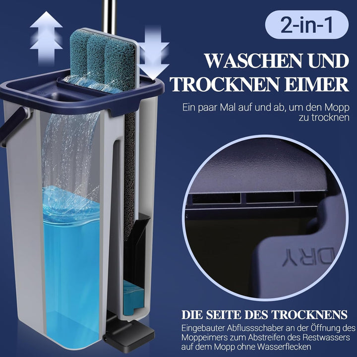 MASTERTOP Wischmopp Set mit Eimer, Bodenwischer Flachmopp mit Edelstahlgriff und 3 Mikrofaser Moppko