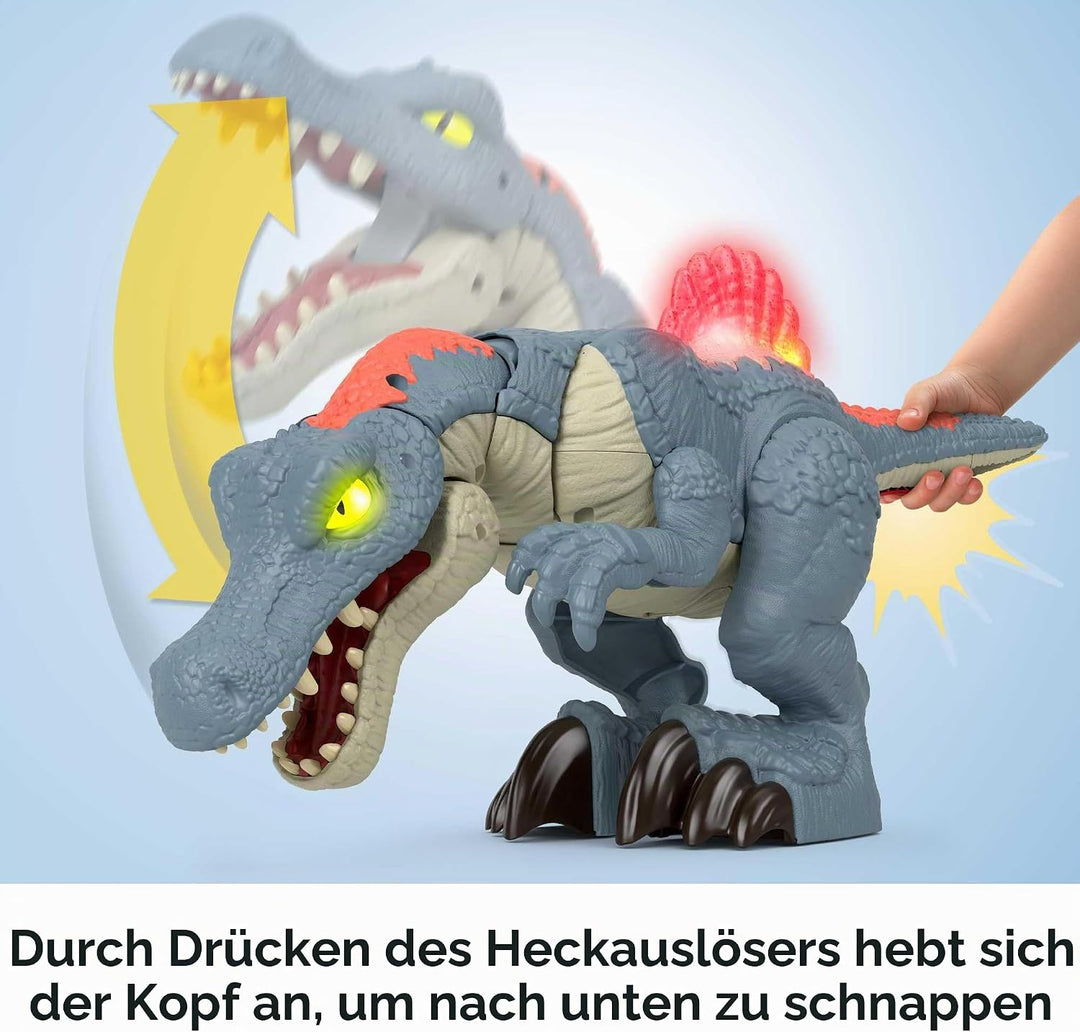 Imaginext Jurassic World Spielzeug-Dinosaurier, Ultra Snap Spinosaurus mit Licht, Geräuschen und Sch