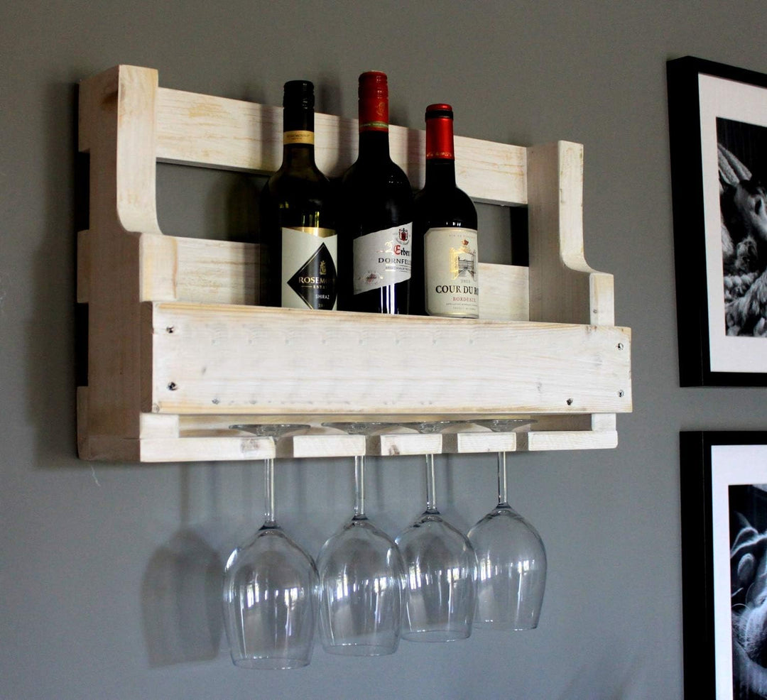 Dekorie Hochwertiges Weinregal aus Holz für die Wand - mit Gläserhalter - Weiss - fertig montiert -