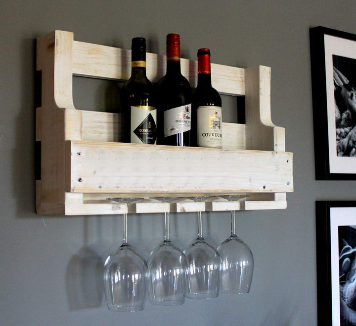 Dekorie Hochwertiges Weinregal aus Holz für die Wand - mit Gläserhalter - Weiss - fertig montiert -