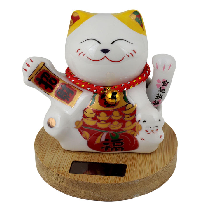 Freak Scene Glückskatze Keramik 10cm weiss Bambussockel Solar Maneki-Neko Winkekatze Lucky cat Model
