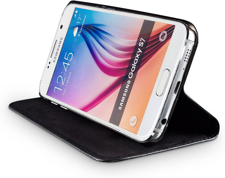 WIIUKA Echt Ledertasche -TRAVEL- für Samsung Galaxy S7 mit Kartenfach, extra Dünn, Tasche Schwarz, L