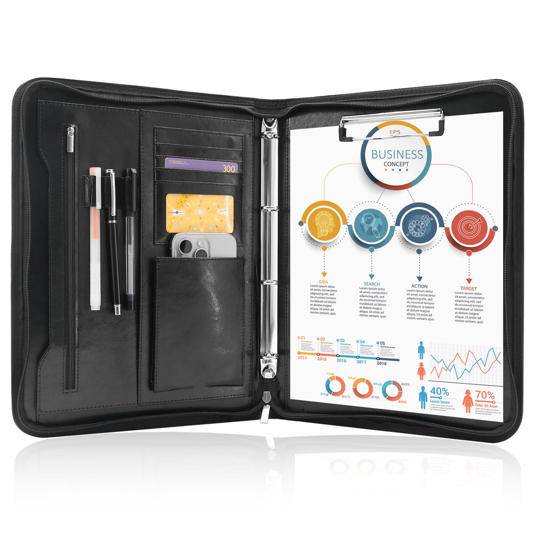 Schreibmappe 4 Ringbuch A4 Konferenzmappe Reissverschluss Leder Wasserdicht Organizer Mappe Dokument