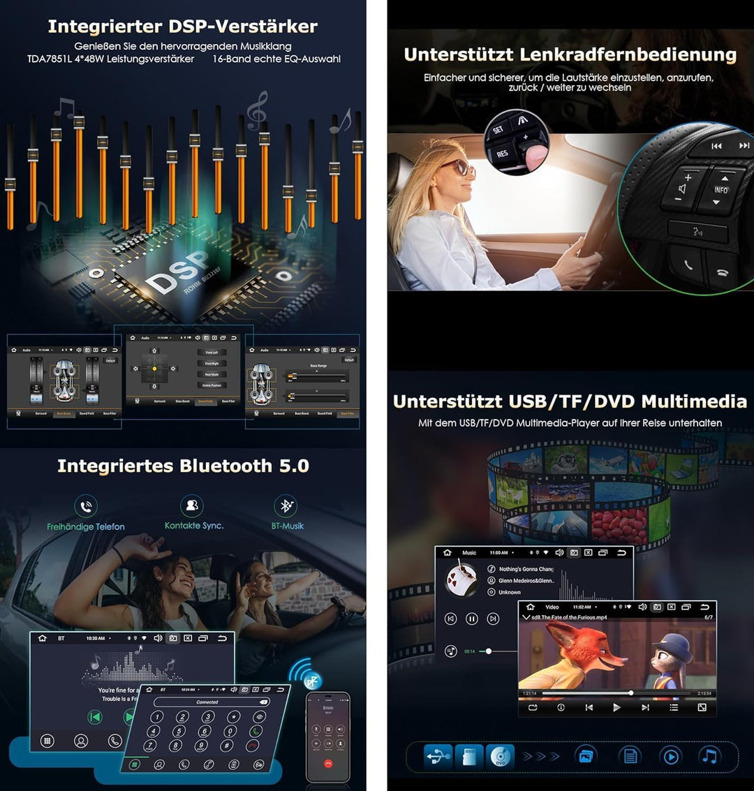 8-Kern Android 14 Universal Autoradio 1 Din GPS Navi mit 7" Einziehbarer Bildschirm Kabelloses Carpl