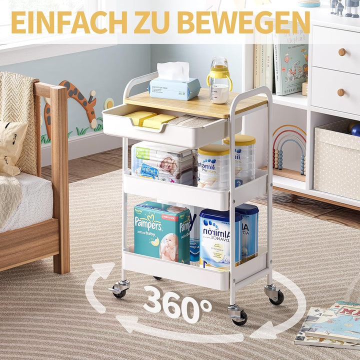 KINGRACK Aufbewahrungswagen 3-Ebenen mit Tischplatte, Multifunktionswagen aus Metall für Küche, Haus