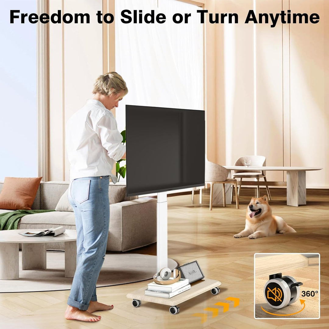 TVON Weiss TV Ständer mit Rollen für 32-65 Zoll Fernseher, Holz TV Standfuss Mobiler Fernsehständer