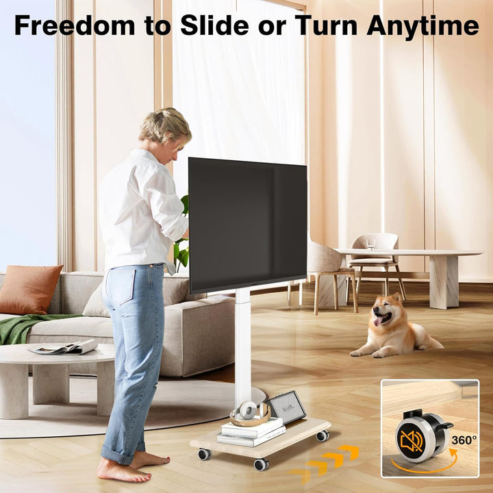 TVON Weiss TV Ständer mit Rollen für 32-65 Zoll Fernseher, Holz TV Standfuss Mobiler Fernsehständer
