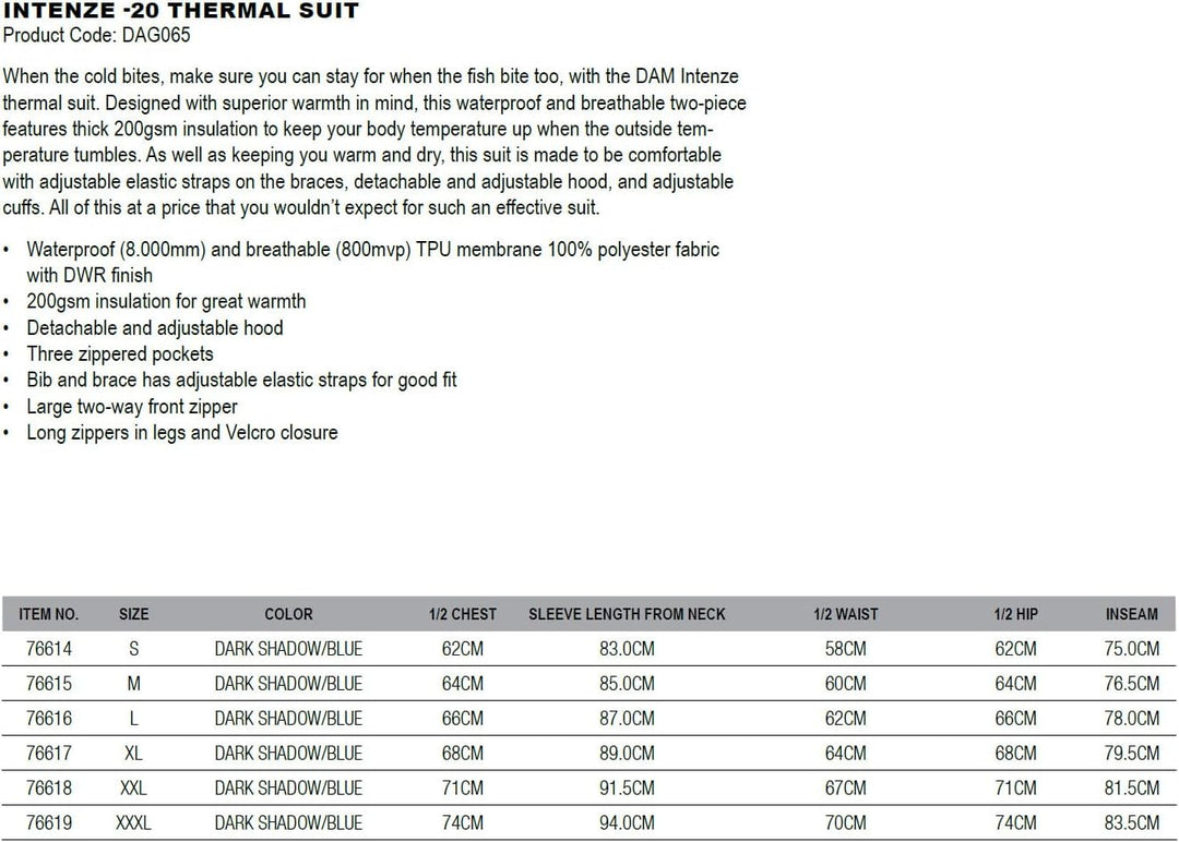 DAM Intenze -20 Thermal Suit - Thermoanzug S-3XL Winteranzug Angelanzug, M