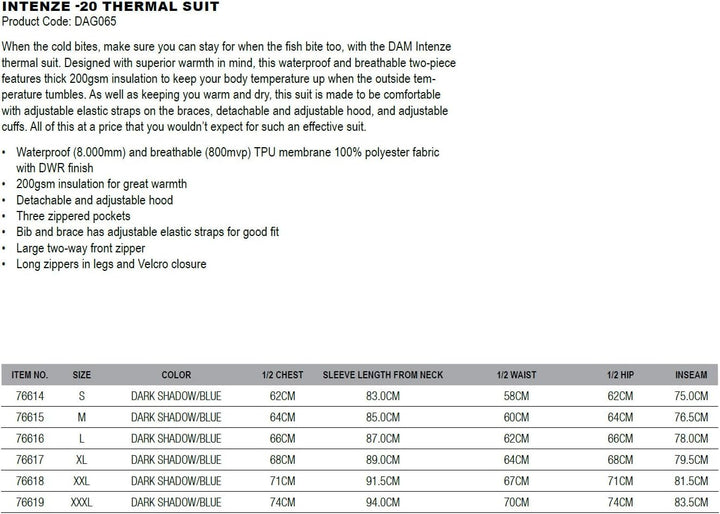 DAM Intenze -20 Thermal Suit - Thermoanzug S-3XL Winteranzug Angelanzug, L