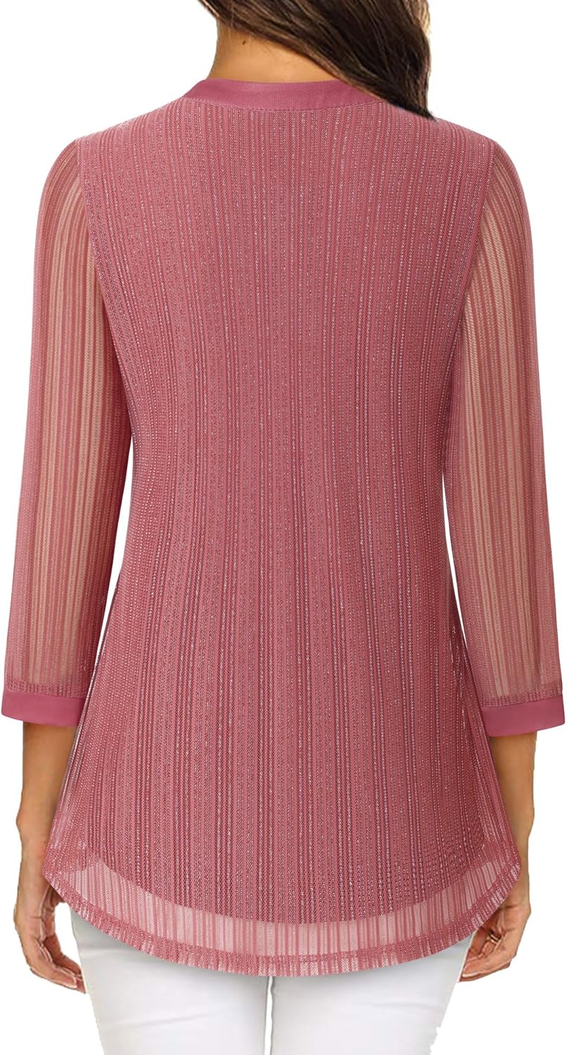 Vafoly Damen 3/4 Ärmel Oberteil Henley V-Ausschnitt Hemden doppellagig Mesh Bluse Tuniken XL Rosa, X