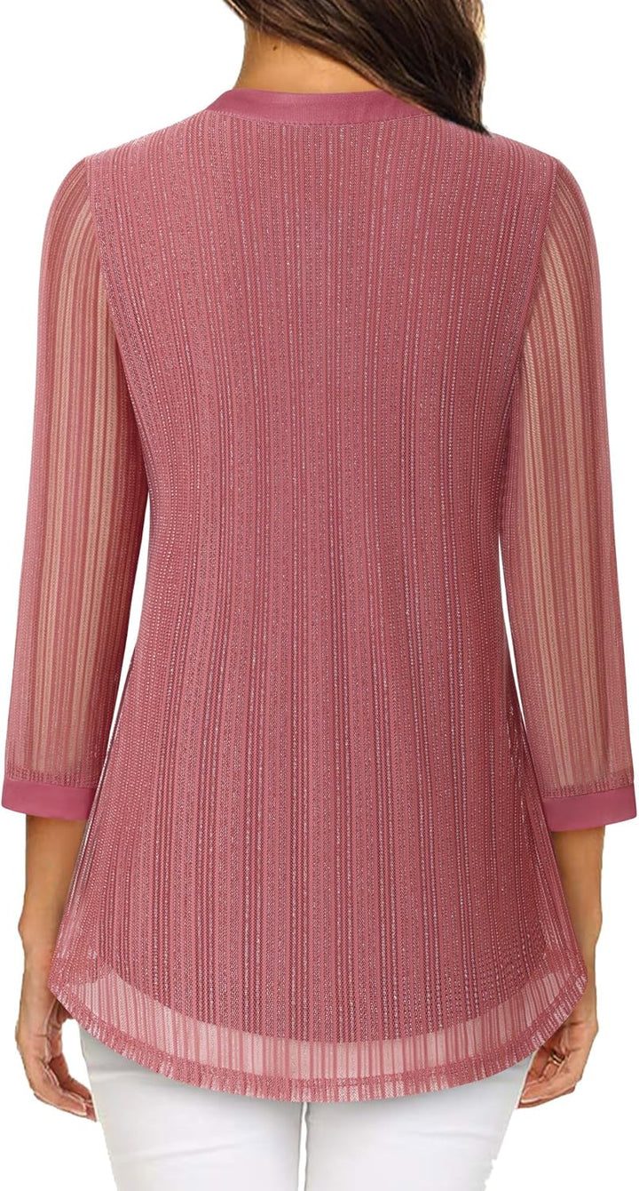 Vafoly Damen 3/4 Ärmel Oberteil Henley V-Ausschnitt Hemden doppellagig Mesh Bluse Tuniken XL Rosa, X