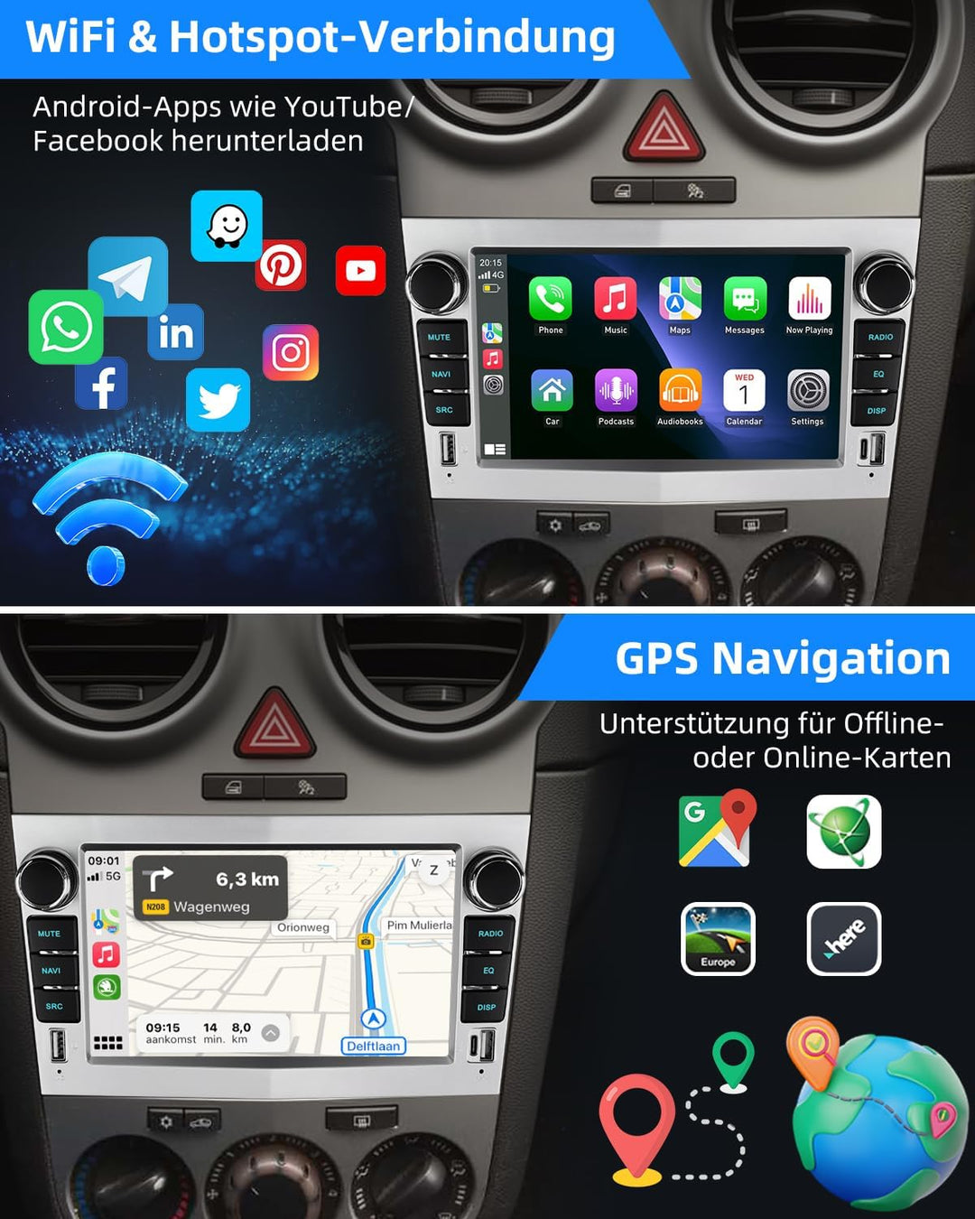 ESSGOO 4+64G Wireless Autoradio Android 14 mit Carplay und Android Auto Für Opel Corsa C/D Zafira B