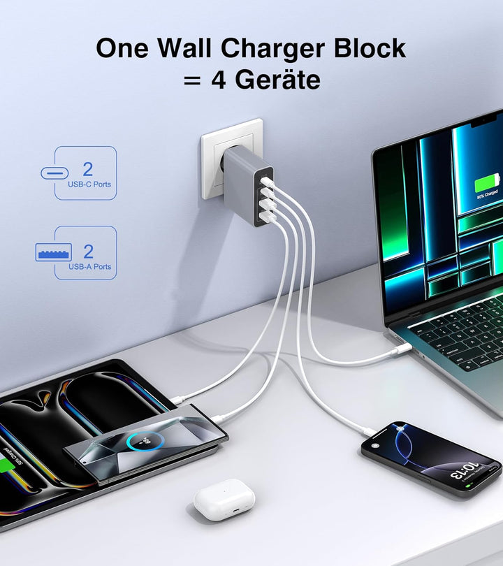 120W 4-Port USB C Ladegerät Mehrfach Mit USB-A, Schnellladegerät PD3.0 Power Adapter, Netzteil Für i