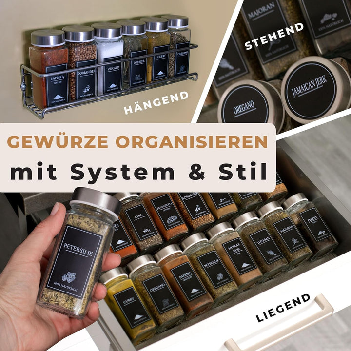 comforder Gewürzgläser Set (25 Stück), Gewürz Organizer mit Gewürzstreuer mit Etiketten + Trichter,