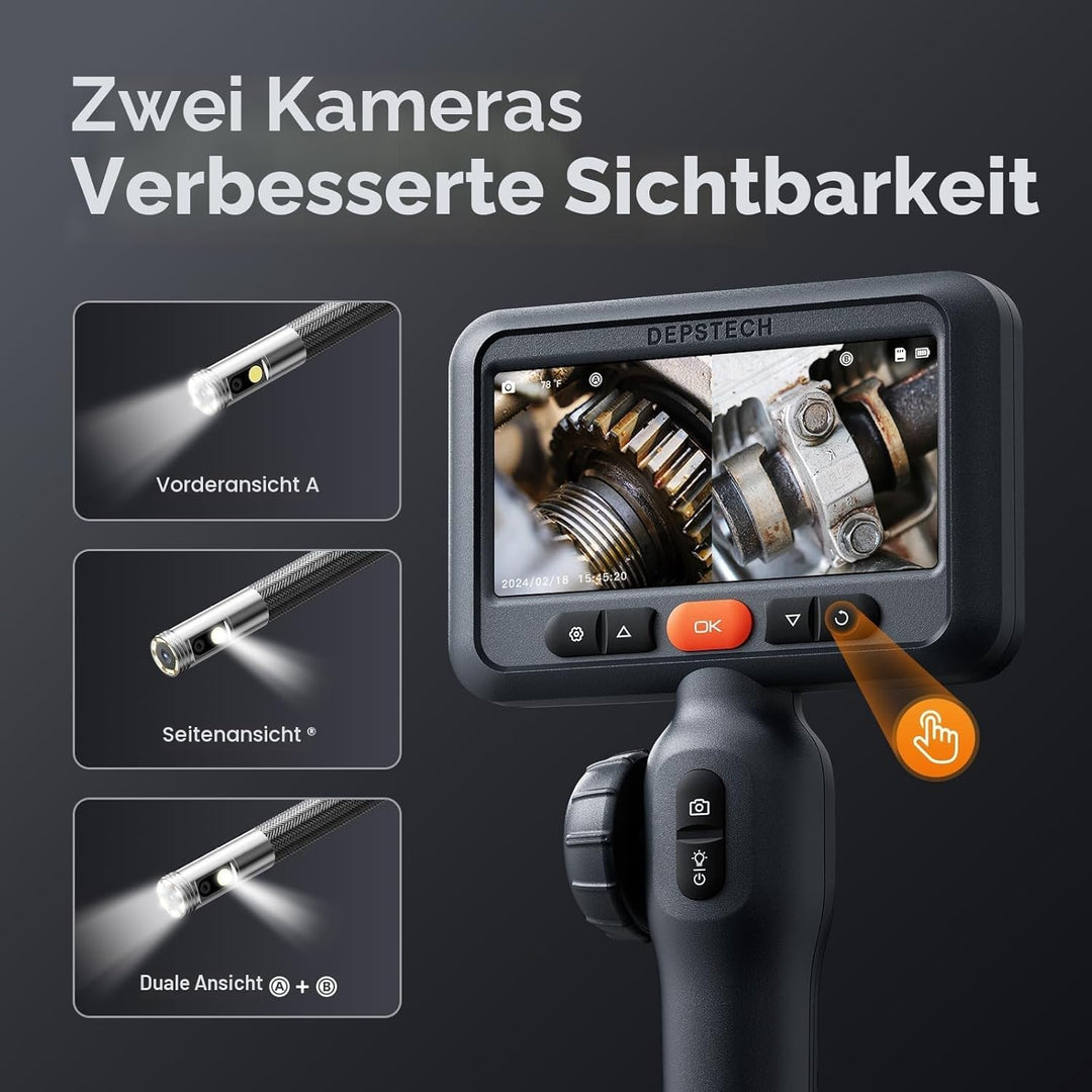 DEPSTECH Doppelobjektiv-Endoskop mit 210°-Zweiwege-Gelenk, industrielle Endoskopkamera mit Beleuchtu