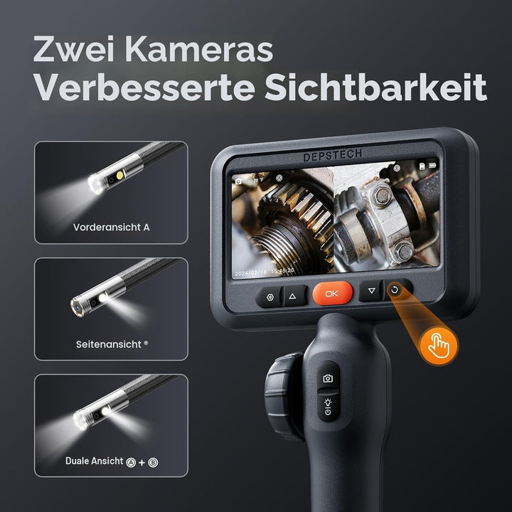 DEPSTECH Doppelobjektiv-Endoskop mit 210°-Zweiwege-Gelenk, industrielle Endoskopkamera mit Beleuchtu