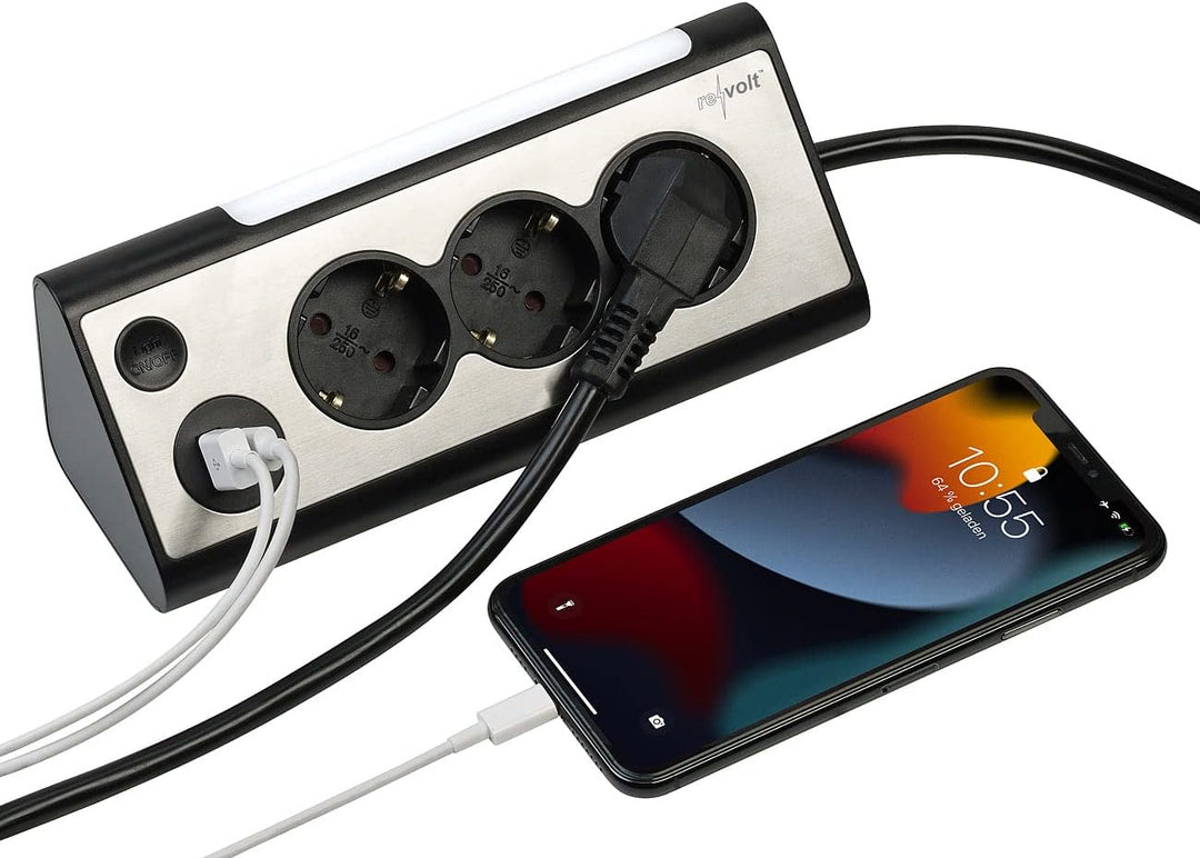 revolt Mehrfachstecker: 3-Fach-Steckdose mit LED-Nachtlicht, 1x USB A QC, 1x USB C PD, schwarz (Ecks