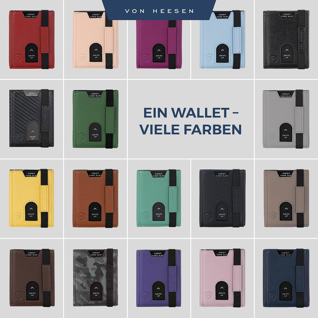 VON HEESEN Slim Wallet mit Münzfach & RFID-Schutz - Leder Geldbeutel - Mini Geldbörse für Herren und