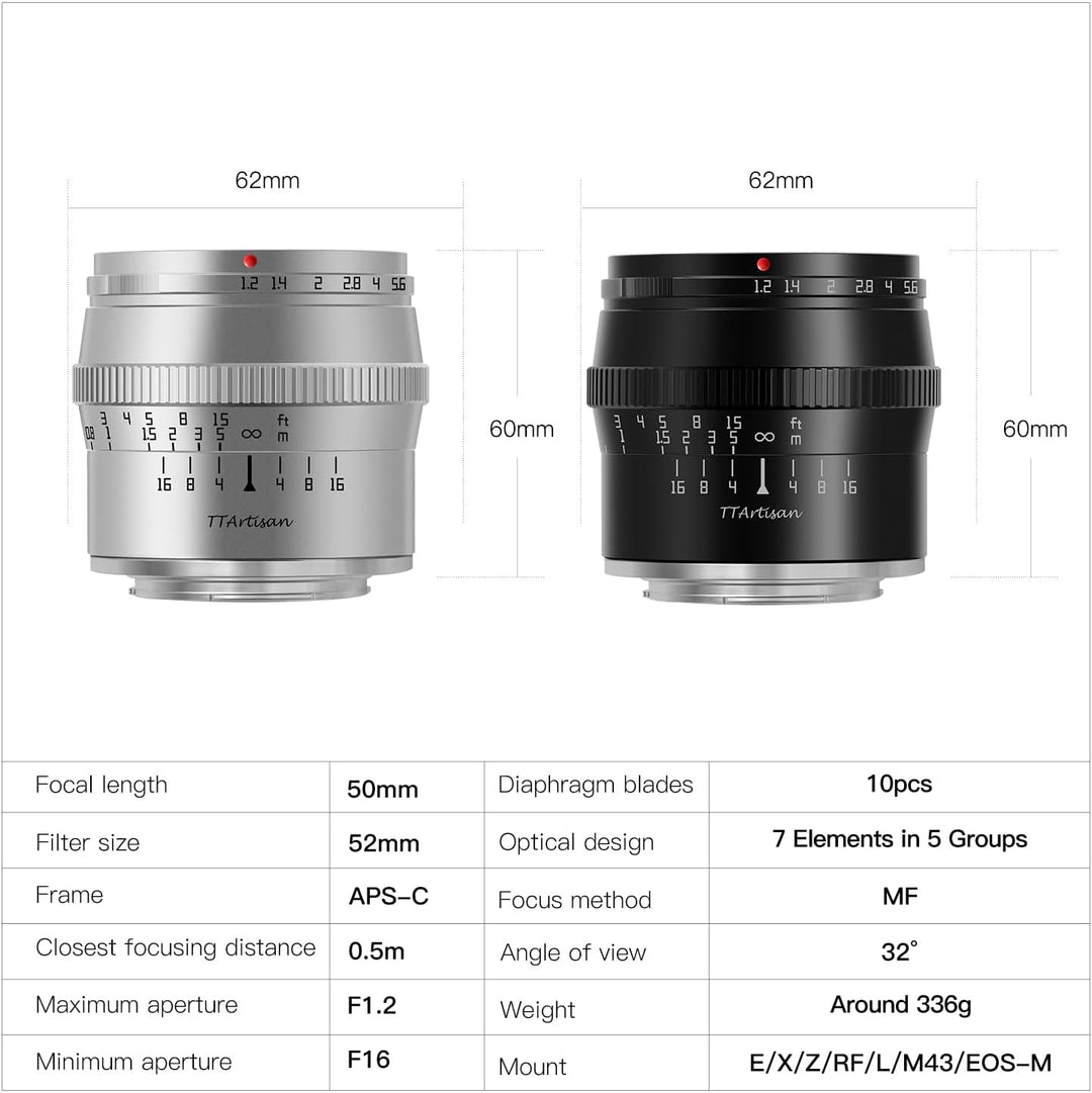 TTARTISAN 50 mm f1.2 APS-C Manueller Fokus Prime Objektiv für Sony E Mount Kameraobjektiv Sony E Sil