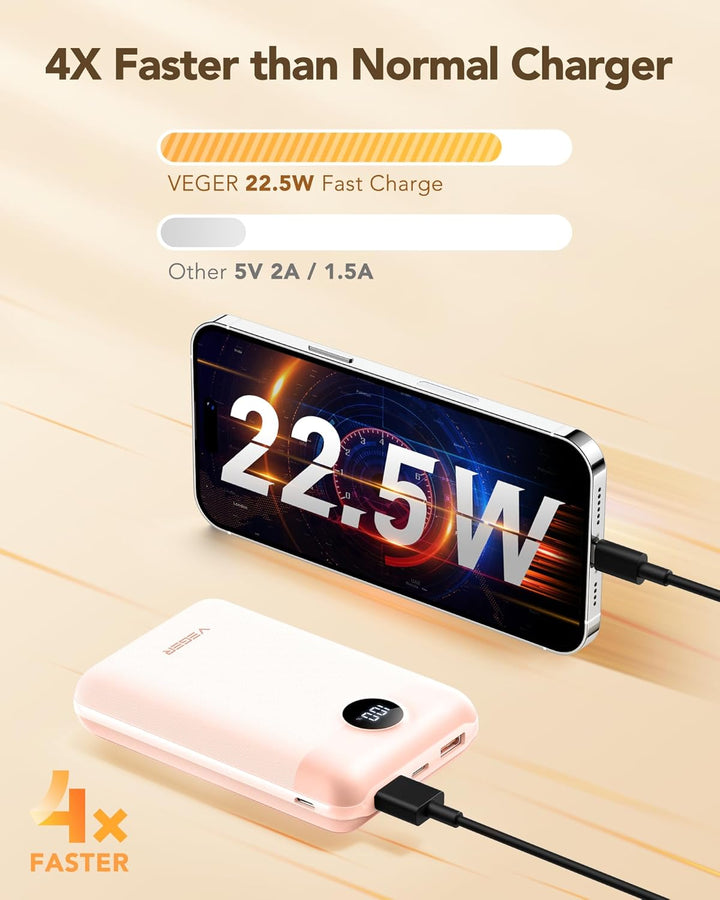 VEGER Power Bank 20000mAh klein 22.5W, Powerbank USB C Schnelles Aufladen Externe Handyakkus PD/QC3.